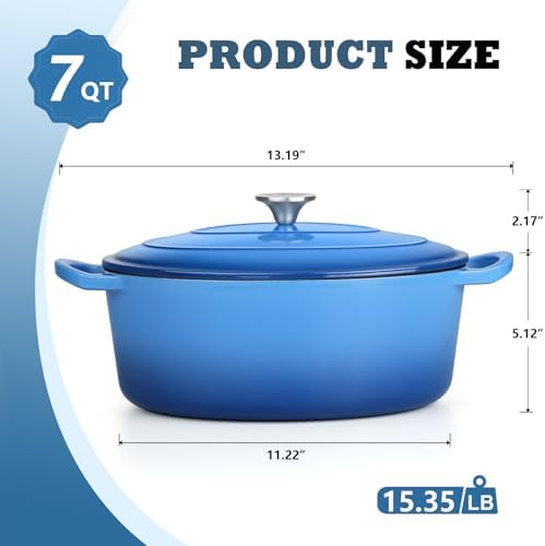 P&P CHEF Oval Dutch Oven with Lid, Enameled Cast Dutch Oven Pot for Bread Baking, Braising, Stewing, Roasting, Non-Stick & Oven Safe, Dual Handles & Easy Clean, 7QT & Blue, Valentine's Day - Image 2
