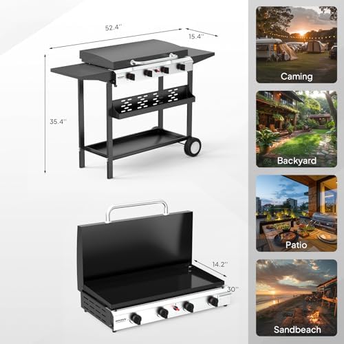ROVSUN 4 Burner Portable Propane Griddle with Enameled Tray & Lid, 40000 BTU Rolling Flat Top Gas Grill with Electronic Ignition, Side Shelves & Regulator for Outdoor Cooking Camping BBQ Tailgating - Image 6