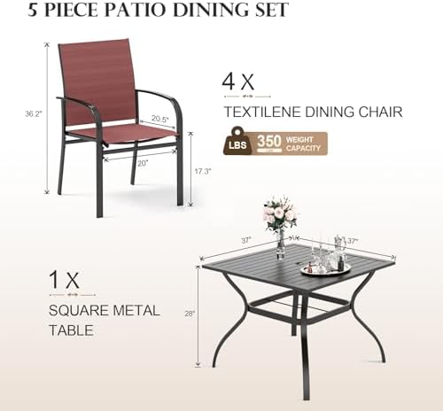 HERA'S HOUSE 5pc Patio Dining Set for 4, Outdoor Metal Table & Red Chairs - Image 6