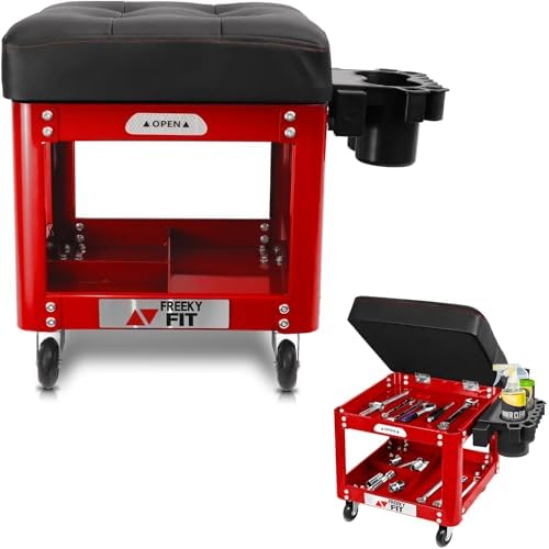 Rolling Creeper Garage Shop Seat for Men, Padded Mechanics Stool with Tool Tray Storage for Garage, Rolling Workshop Stool with Wheels, Auto Creeper Seat, 330 LBS Capacity, Heavy Duty, Red by FreekyFit