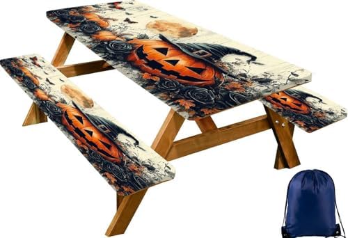 CAPSCEOLL Picnic Table Cover with Bench Covers 5ft - Halloween Pumpkins by CAPSCEOLL