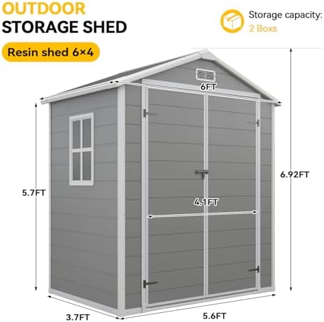 Aoxun 6x4 FT Outdoor Storage Shed, Outdoor Resin Shed with Floor, Gray - Image 6