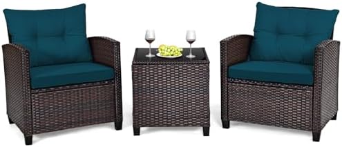 Tangkula 3 Pieces Patio Furniture Set, PE Rattan Wicker 3 Pcs Outdoor Sofa Set w/Washable Cushion and Tempered Glass Tabletop, Conversation Furniture for Garden Poolside Balcony (Prussian Blue) by TANGKULA