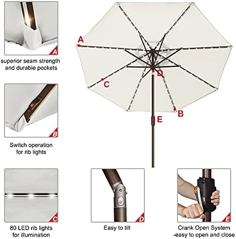 EliteShade USA 10-Year-Non-Fading 9ft Market Patio Umbrella, Commercial Grade Table Sun Umbrella with 80 Solar LED Lights, Crank Open, Windproof & UPF 50+ UV Protection for Garden, Deck, Pool, Backyard, Natural - Image 5