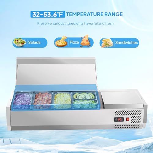 ROVSUN 48" Refrigerated Condiment Prep Station Sandwich Prep Table ETL NSF, 25.1QT Salad Bar Prep Rail w/Auto Defrost Temp Control Stainless Steel Cover 3 1/3 Pan & 2 1/4 Pan for Restaurant Food Truck - Image 4