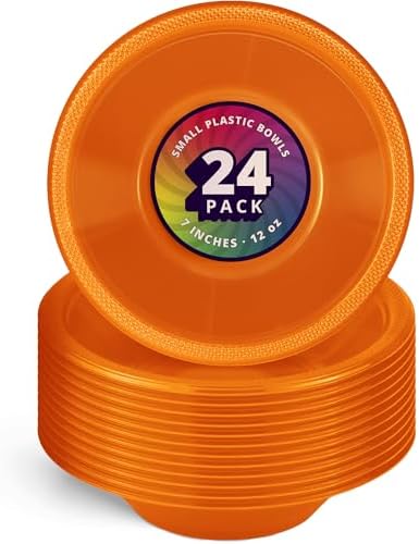 DecorRack 24 Orange Plastic Bowls, 7 in Disposable 12 oz Bowl by DecorRack