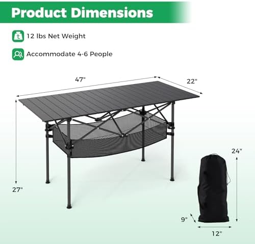 GIANTEX Folding Camping Table, Portable Picnic Table w/Aluminum Roll-up Tabletop & Mesh Basket, Outdoor Lightweight Table w/Carrying Bag for Backyard, Beach, Fishing, BBQ, Patio (47"x22"x27",Black) - Image 3