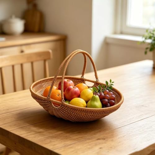 RT&BS Wicker Egg-collecting Basket with Handles, Wicker Bread Basket Oval, Handwoven Fruit Basket with Handles, Reusable Storage Baskets for Living Room, Kitchen, Store, Restaurant, Outdoor (Brown, M) - Image 6