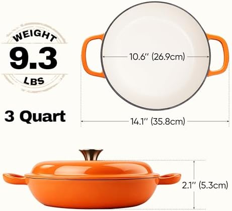 3 Quart Enameled Cast Iron Braiser, Non Stick Enameled Cast Iron Skillet with Lid, Dutch Oven Skillet with lid up to 500°F for Oven, Stove, Grill, Shallow Dutch Oven for Cook, Bake (Orange) - Image 2