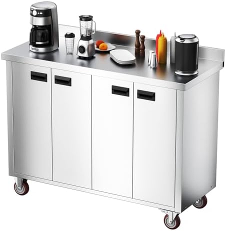 ROVSUN Stainless Steel Table with Cabinet & Wheels 47" x 19"，Commercial Pre Table with Backsplash, Heavy Duty Work Table with 4 Doors, Large Space Storage for Kitchen Restaurant Hotel Garage by ROVSUN