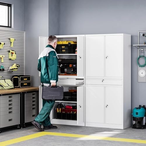 Letaya Metal Garage Storage Cabinet with Drawer,4 Door Tool Cabinet with Lock-2 Adjustable Shelves for Garage Home Office Utility Room (White) - Image 2