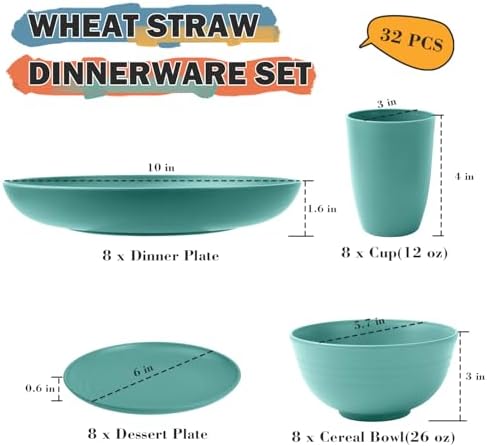 Wheat Straw Dinnerware Sets, 32 PCS Dishes Set for 8, Unbreakable Plates and Bowls Sets, Microwave Safe Dinnerware Set for Kitchen Outdoor Camping RV - Green - Image 2