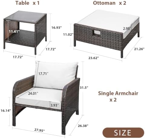LEVELEVE Balcony Furniture 5 Piece Patio Conversation Set, PE Wicker Rattan Outdoor Lounge Chairs with Soft Cushions 2 Ottoman&Glass Table for Porch, Lawn-Brown Wicker（Ivory White - Image 3