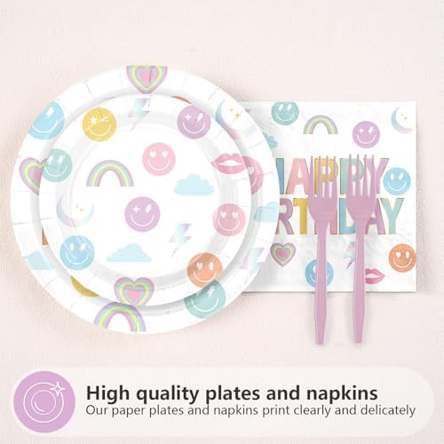96Pcs Rainbow Smile Face Birthday Party Decorations, Serve 24 - Image 3