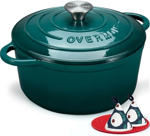 Overmont Enameled Cast Iron Dutch Oven - 5.5QT Pot with Lid Cookbook & Cotton Potholders - Heavy-Duty Cookware for Braising, Stews, Roasting, Sourdough Baking bottle green by Overmont