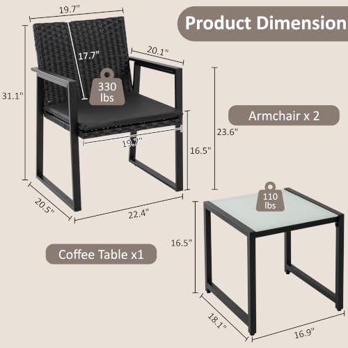 Shintenchi 3 Pieces Wicker Patio Bistro Sets, Rattan Patio Conversation Set with Coffee Table, Outdoor Wicker Furniture Set for Lawn, Garden, Balcony (Black) - Image 2