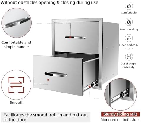 Outdoor Kitchen Drawers Stainless Steel, BBQ Drawer Inserts for Built-in Patio Grill Station, 14''W x 15''H x 23''D - Image 5