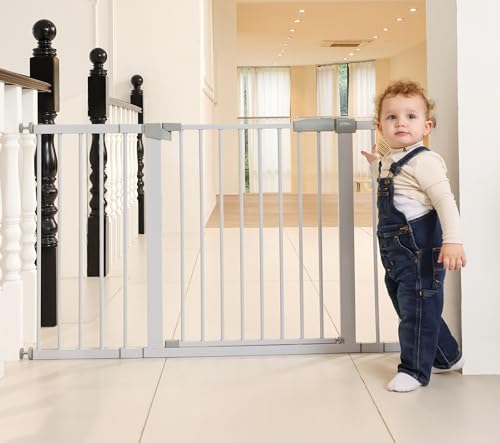 29"-57" Baby and Pet Safety Gate, 30" Tall Metal Walk-Thru Gate for Doorways & Stairs, Easy One-Hand Open, Dual Lock, Extensions & Wall Mounts Included (Gray, 29" x 57" x 30“ ) by SafeGo