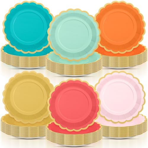 96 Pcs Colorful Coral Paper Plates 9 Inch Pastel Rainbow Scalloped Paper Plates Disposable Dinner Dessert for Birthday Wedding Bridal Party Supplies, 6 Colors by Tiangrid