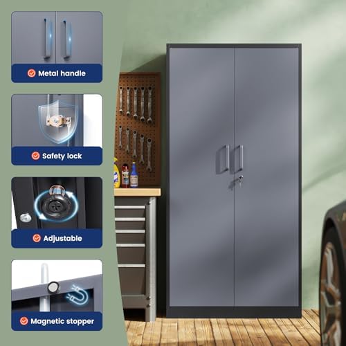 Yizosh Metal Garage Storage Cabinet with 2 Doors and 5 Adjustable Shelves - 71" Steel Lockable File Cabinet,Locking Tool Cabinets for Office,Home,Garage,Gym,School (Gray Black) - Image 4