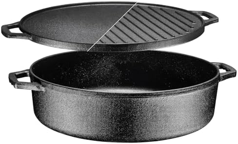 Bruntmor 6.8 Quart Cast Iron Skillet with Reversible Grill Griddle Lid - 3-in-1 Round Cast Iron Pan for Frying, Grilling, Dutch Oven Cooking - Roasting Pan with Lid, Camping Cookware, Black by Bruntmor