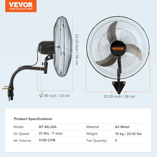 VEVOR 20 Inch Wall Mount Fan, Oscillating, 3-Speed, 4000 CFM, 2 Pack - Image 7