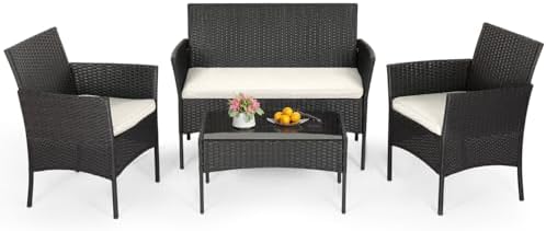 FDW 4-Piece Patio Furniture Set | Black | Outdoor Wicker Furniture by FDW