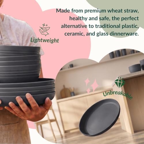 Wheat Straw Dinnerware Sets, Homienly 20pcs Unbreakable Microwave Dishwasher Safe Tableware Lightweight Bowls, Cups, Plates Set Reusable Dinner Plates Bowls set (Dark Grey) - Image 5