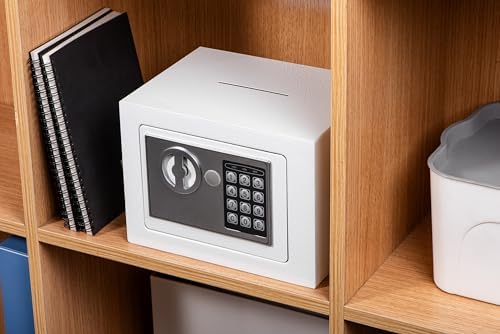 Small Safe Box With Digital Keypad & Keys - 9.05 x 6.7 x 6.7 Inches Wall Safe 0.23 Cuft Mini Security Lock for Coin Home Office Hotel Rooms Business Jewelry Gun (White) - Image 2