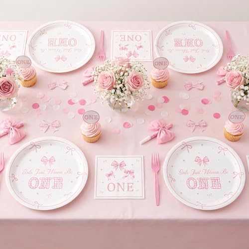Girls Just Wanna Be One Birthday Decorations, 96PCS Pink Bow First Birthday Disposable Paper Plates and Napkins Party Decorations, Cute One Year Old Girl Forks Tableware Set for 24 Guests - Image 6