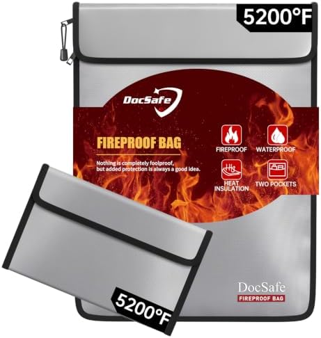 DocSafe Fireproof Document Bag (5200℉) with Fireproof Organizer Travel Case,Heat Insulated Fire＆Water Resistant 8 Layers Safe Money Bag Storage for Important Documents,Cash,Power Bank,Valuables,Gray by DocSafe