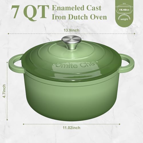 Umite Chef Enameled Cast Iron Dutch Oven-7QT Pot with Lid Cookbook & Cotton, Heavy-Duty Cookware for for Bread Baking, Braising, Stews, Marinate, Cook(Sage Green) - Image 2