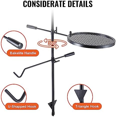 VEVOR Swivel Campfire Grill, Fire Pit Grill Grate over Fire Pits, Heavy Duty Steel Grill Grates, 360° Adjustable Open Fire Outdoor Cooking Equipment, Portable Camp Fire Racks for Camping Outdoor BBQ - Image 4