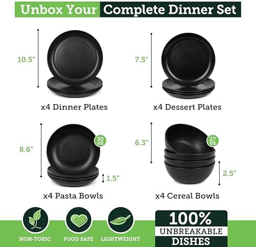 Grow Forward 16-piece Premium Wheat Straw Dinnerware Sets for 4 - Unbreakable Dishwasher & Microwave Safe Plastic Plates and Bowls Sets - Patio, Outdoors, RV, Camping Dishes - Midnight - Image 3