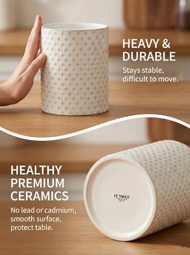 LE TAUCI Utensil Holder for Kitchen Counter - 7.1" Large Ceramic Utensil Crock, Cooking Utensil Organizer for Spatula, Spoon, Whisk - Farmhouse Kitchen Countertop Storage, Embossed, Clover - Image 4