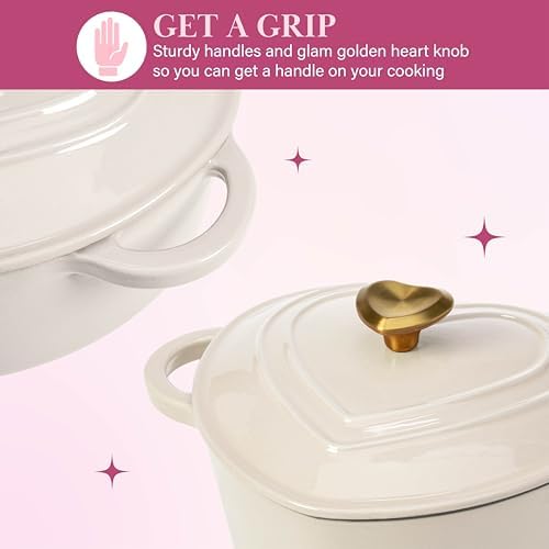Paris Hilton Enameled Cast Iron Dutch Oven Pot with Lid, Heart-Shaped Dutch Oven, Durable Cast Iron Pot with Dual Handles, Oven Safe to 500°F, Works on All Stovetops, 4-Quart, Cream - Image 5