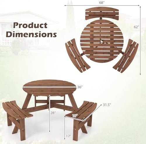 GIANTEX 6-Person Round Picnic Table Set with 3 Benches, 550 LBS Bench Capacity, 2" Umbrella Hole, Circular Outdoor Wood Dining Table & Chairs for Patio Yard Garden Porch Deck (68”x62”x28”,Brown) - Image 4