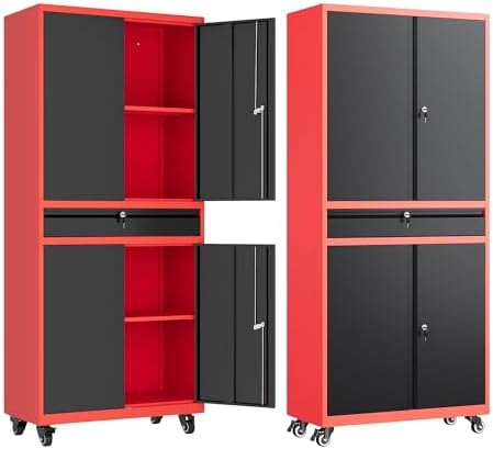 Letaya Metal Garage Storage Cabinet with Wheels,Rolling Tool Cabinet with Adjustable Shelves and Drawer for Garage Home Utility Room (Red) by LetayaMetalCabinets