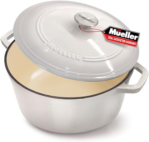 MUELLER HOME 7.5 QT Enameled Cast Iron Dutch Oven, Heavy-Duty Casserole Dish and Braiser Pan with Lid and Stainless Knob, Oven-Safe up to 500° F & Across All Cooktops, Oyster White by MUELLERHOME
