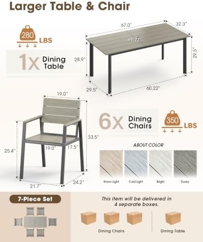 Outdoor Dining Set for 6, Aluminum Patio HDPS Outdooor Table and Chairs Set with Umbrella Hole, All Weather Patio Furniture Set, 7 Peice Patio Dining Table Set (Classic Gray) - Image 2