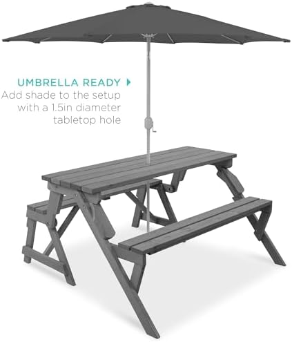 Best Choice Products 2-in-1 Transforming Interchangeable Outdoor Wooden Picnic Table Garden Bench for Backyard, Porch, Patio, Deck w/Umbrella Hole - Gray - Image 5