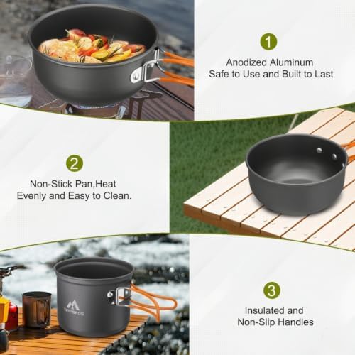 Camping Cookware Kit Backpacking, 0.33Gal Pots and 0.17Gal Pans Set,0.08Gal SUS304 Cup, Forks Knives Spoons for Hiking,Camping,Outdoor Cooking,Picnic,Solo Camping cookware - Image 6