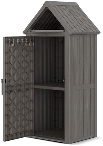 Outdoor Storage Shed, Waterproof Storage Cabinet with Sloping Roof and Lockable Door, Resin Shed with Ample Space, Multiple Hooks for Backyard Patio, Garden, Lawn, Classic Grey by Unknown