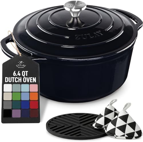 Zulay Kitchen 6.4 Quart Enameled Cast Iron Dutch Oven Pot with Lid – Premium Durability & Oven Safe up to 500°F – Heavy Duty Cookware Perfect for Bread Baking, Stews, Braising & Roasting - Black by ZulayKitchen