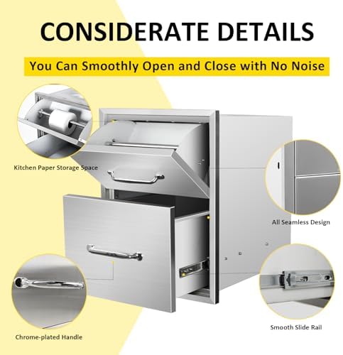 Outdoor Kitchen Drawers with Paper Towel Holder 16" W x 20" H x 20" D Flush Mount BBQ Drawers with Chrome Handle,Stainless Steel Built-in Double Access Drawers for Outdoor Kitchen Island - Image 4