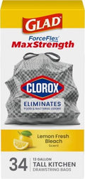 Glad ForceFlex MaxStrength with Clorox Tall Kitchen Trash Bags, 13 Gal, 34 Ct (Package May Vary) by GladTrashFoodStorage