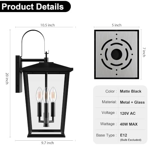 Kalium Modern Outdoor Wall Sconce Fixture 20 1/2", Matte Black, 3-Light Exterior Wall Mount Lighting with Clear Glass Panels for House Porch Patio Outside Deck Garage Yard Front Door Garden Home - Image 4