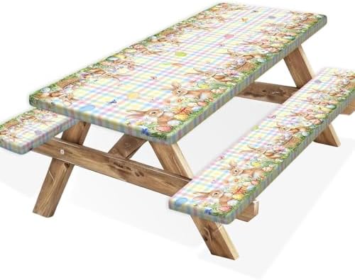 Easter Picnic Table Cover with Bench Covers, Camping Essentials, Easter Buffalo Plaid Bunny Eggs Flowers Outdoor Table Covers, Waterproof, Fitted Tablecloth Cover with Elastic Edge, 3 PCS, 30x96 Inch by Xguatan
