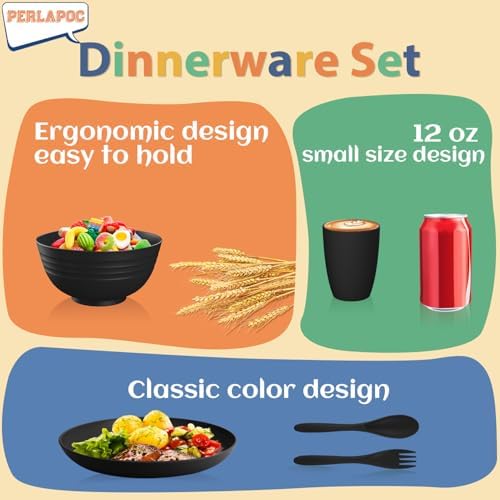 Wheat Straw Dinnerware Sets, Unbreakable Kids Plates and Bowls Sets 20-Piece Service for 4, Alternative Plastic Outdoor Camping Dishes, Microwave & Dishwasher Safe - Black - Image 6