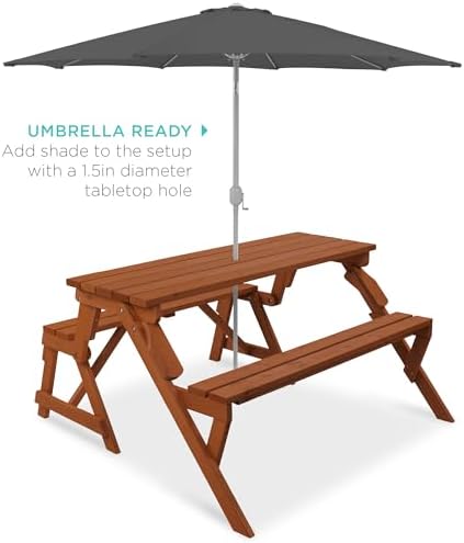 Best Choice Products 2-in-1 Transforming Interchangeable Outdoor Wooden Picnic Table Garden Bench for Backyard, Porch, Patio, Deck w/Umbrella Hole - Acorn - Image 5